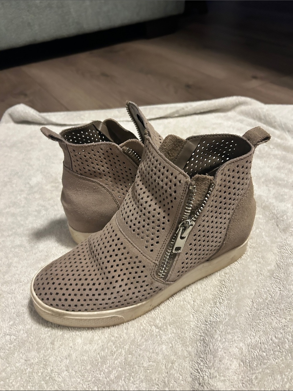Steve Madden Taupe Perforated Suede Wedge Booties